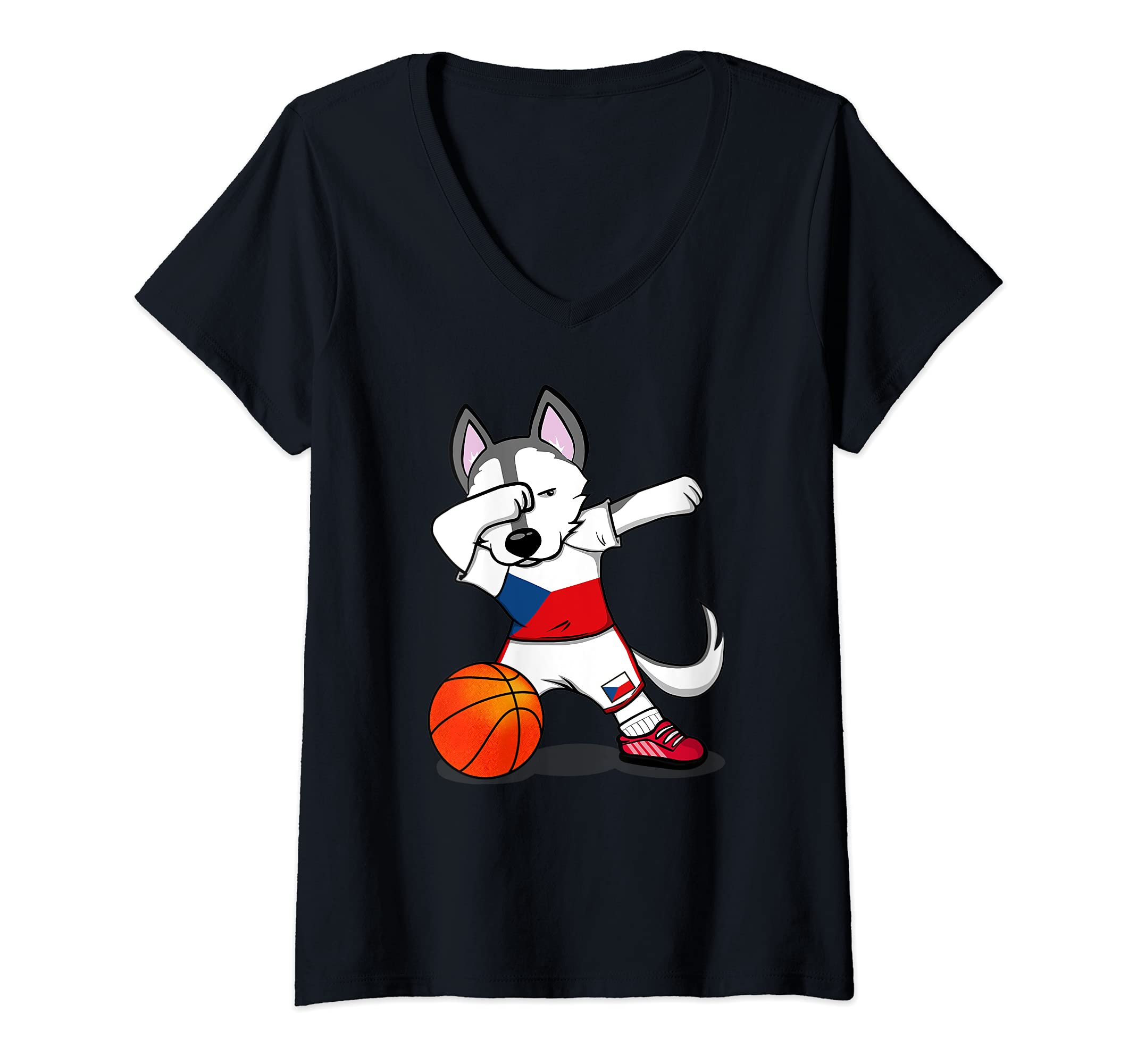 Womens Dabbing Husky Dog Czech Republic Basketball Fans Jersey Flag V-Neck T-Shirt