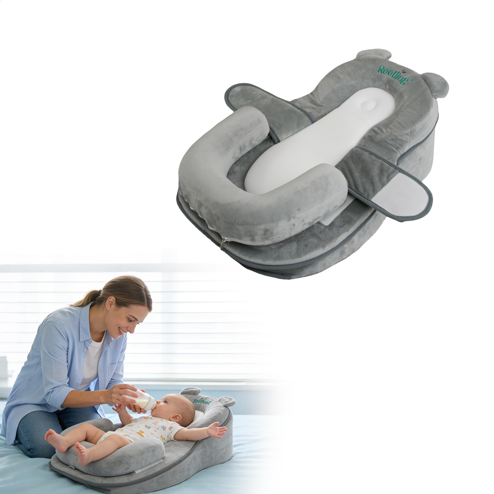 Photo 1 of XFaa Rootling Baby Feeding Pillow, Anti Overflow Feeding Pillow for Reducing Spit-Up, Safety Nursing Pillow, Baby Lounger Reflux Wedge Breastfeeding, Removable top and Bottom (Gray, Small)
