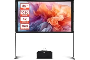 VEVOR Projector Screen with Stand, 80 Inch 160° Wide Angle Indoor Outdoor Projection Screen, 16:9 4K HD Wrinkleless Portable 
