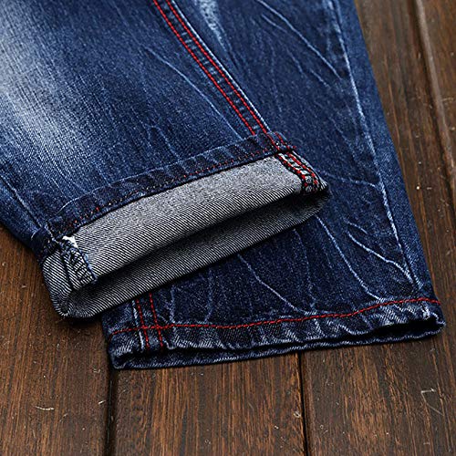 Edenun Men's Vintage Hole Motorcycle Denim Jeans Straight Folds Wash Work Frayed Printed Zipper Basic Pants Blue