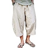 EKLENTSON Mens Cotton Linen Capri Pants Light Loose 3/4 Long Shorts Elastic Waist Drawstring Harem Casual Beach Yoga Trousers