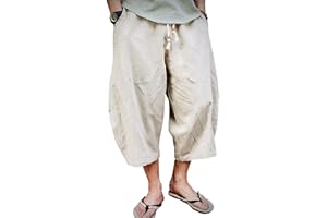 EKLENTSON Mens Cotton Linen Capri Pants Light Loose 3/4 Long Shorts Elastic Waist Drawstring Harem Casual Beach Yoga Trousers