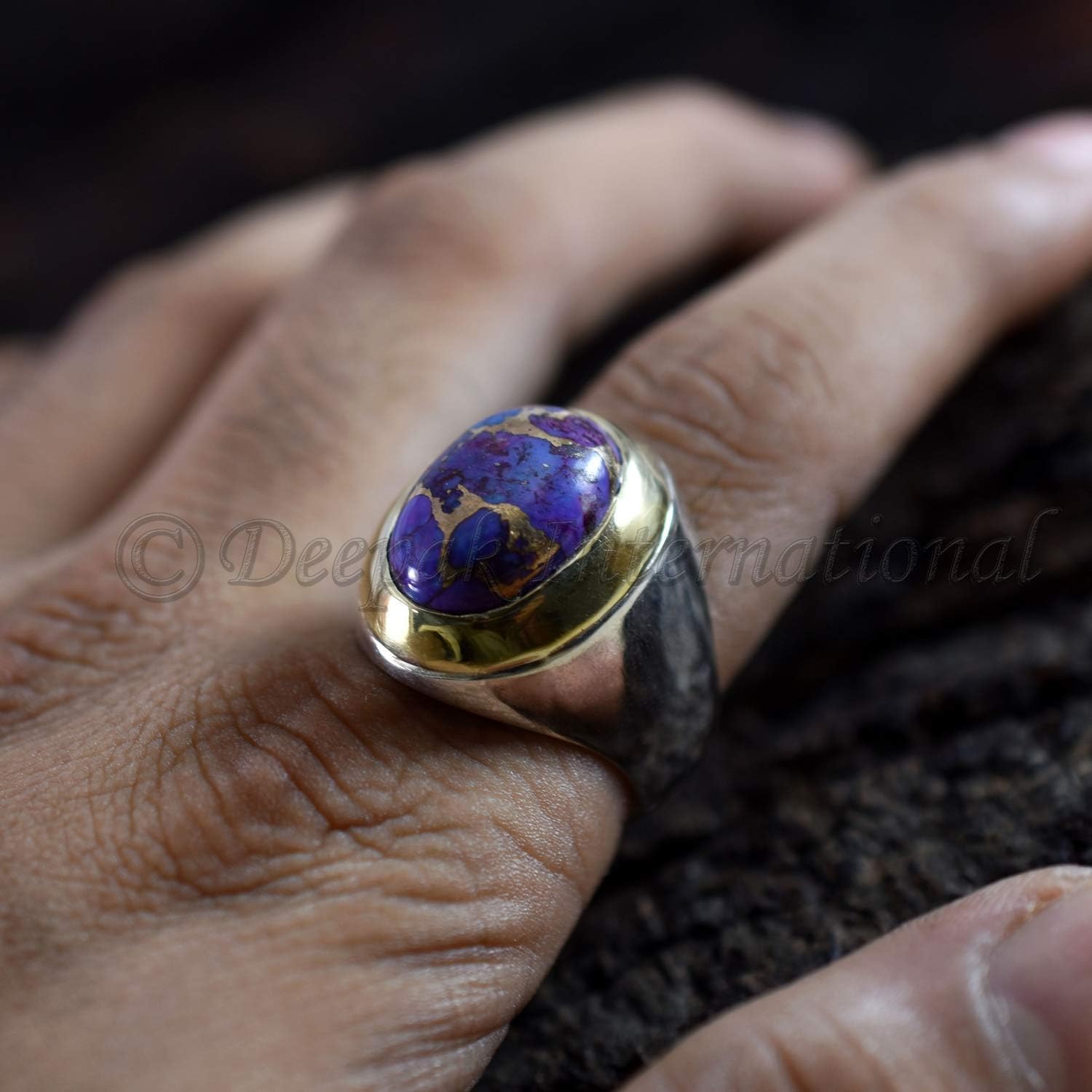 Purple Copper Turquoise Ring Designer Man Ring Gift For Brother Two Tone Finish Ring Big Islamic Biker Mans Ring Real 925 Solid Silver Ring