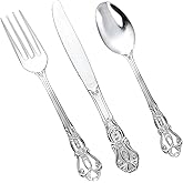 Joyido 150PCS Silver Plastic Silverware - Heavy Duty Silver Disposable Cutlery - Fancy Plastic Utensils Flatware Include 50 Forks, 50 Spoons, 50 Knives for Catering, Parties, Dinners, Weddings