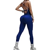 WDIRARA Women's Workout Jumpsuit Criss Cross Backless Yoga Tummy Control Athletic One Piece Pants Romper