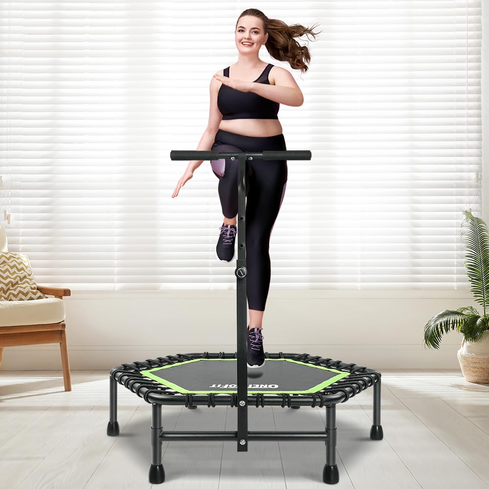 Photo 1 of ONETWOFIT 42"/45" Rebounder Trampoline for Adults, Silent Mini Trampoline Indoor Exercise Fitness Trampoline Bungee Rebounder Workout Max Load 330lbs (45IN-Green-with-Handle)