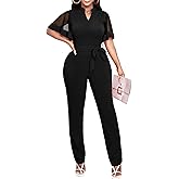 Yiershu Women's Jumpsuits Casual Dressy One Piece Outfits V Neck Formal Short Sleeve Mesh Ruffle Sleeve Romper