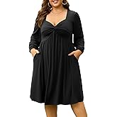 AMCLOS Women's Plus Size Square with Deep V Neck Sexy Flowy Dress Twist Knot Front 2 Pockets Long Sleeve Casual Party Work