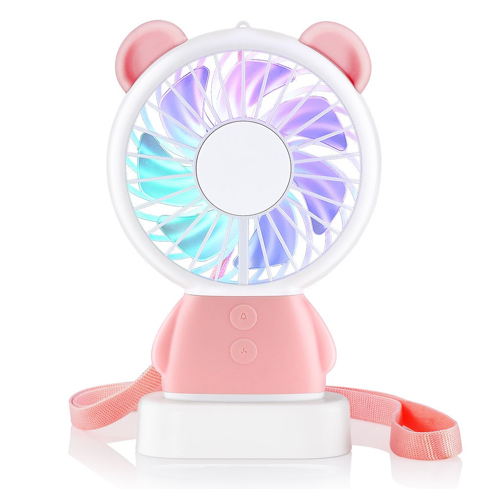 Rye-Tech Mini Handheld Fan, Personal Portable Rechargeable Fan with Color LED light 2 Adjustable Speeds Standing Base for House Travel Camping and Children Gifts - Pink Bear