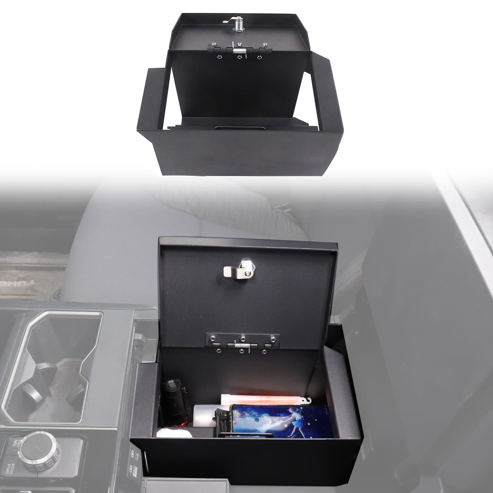 Photo 1 of Car Center Console Safe Box Compatible with Toyot@ Tundra 2022-2025?Center Console Armrest Safe Lock Box Armrest Gun Security Organizer Tray with 3-Position Combination Lock and Key (black)