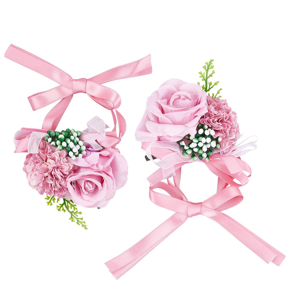 CRASPIRE 2PCS Wedding Wrist Flower Pink Artificial Floral Wrist Corsage Bridal Rose Leaf Silk Ribbon Hand Flowers for Bride and Bridesmaid Festival Prom Engagement Ceremony — image 1