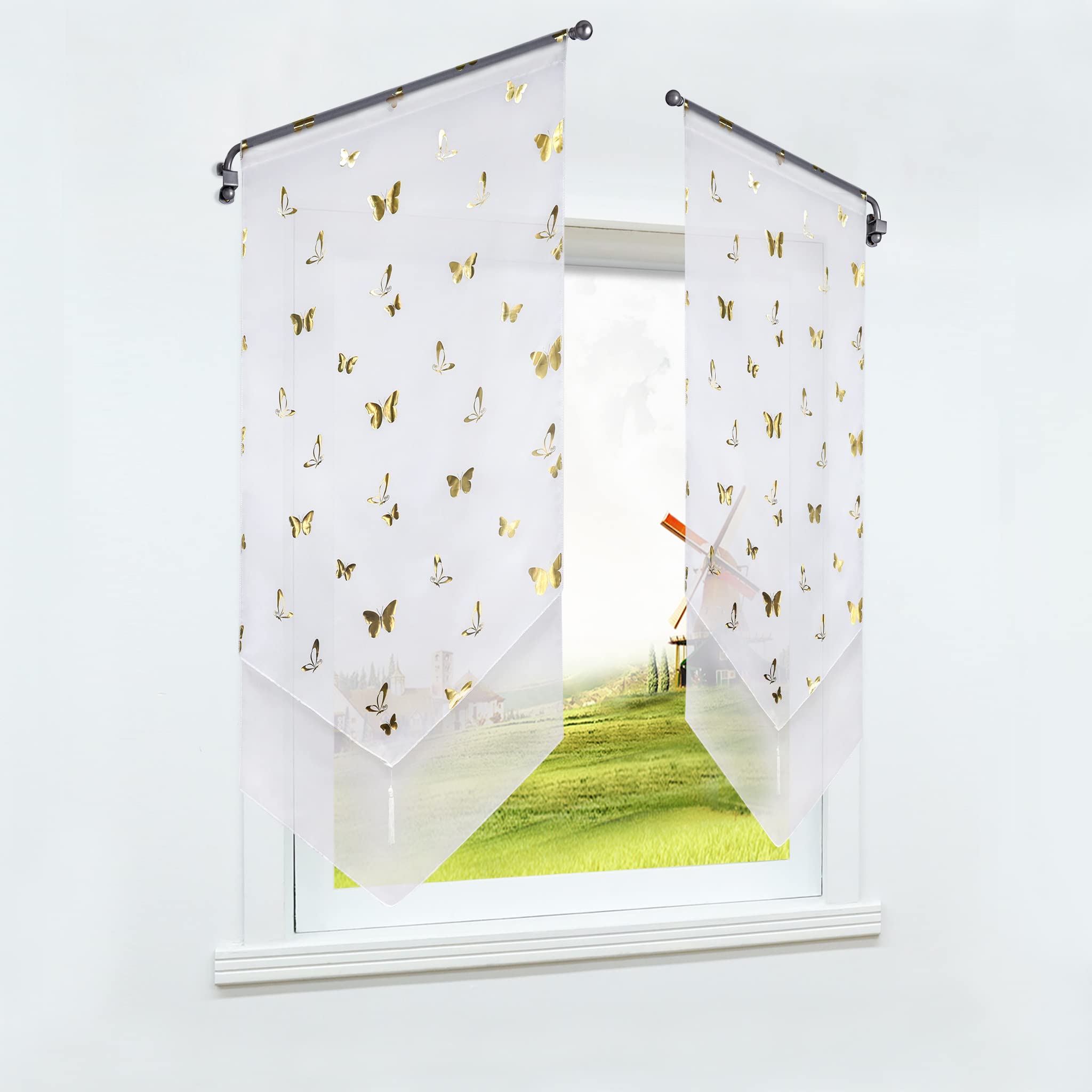 CORLIF Panel Curtain with Drawstring Kitchen Bistro Curtains Panneaux Voile Short Curtain Transparent Curtains with Butterfly Print Gold W x H 40 x 90 cm 1 Piece