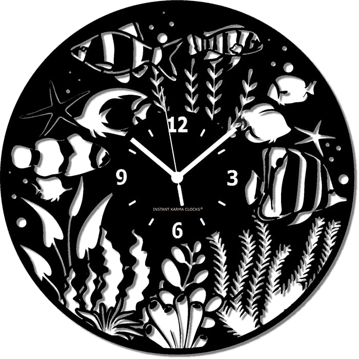Instant Karma Clocks | Wall Clock | Acquarium | Tropical Coral Reef & Fish Marine | No Ticking Home Decoration, Hdf Wood, Black, ⌀12inch