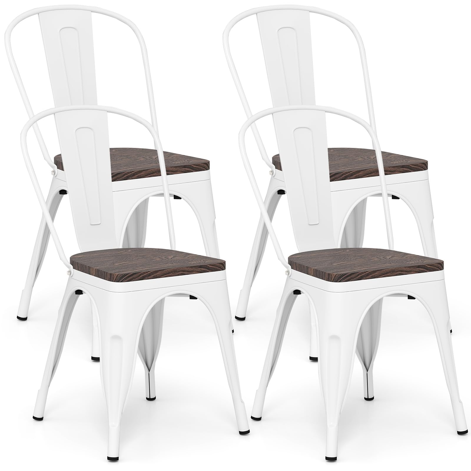 COSTWAY 18 Inch Dining Chair Set of 4, Industrial Vintage Stackable Metal Chairs, Counter Bar Chairs with High Backrest, Wood Seat, for Home, Kitchen and Cafe Bar Use Image