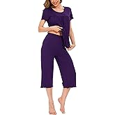 LazyCozy Womens Pajama Sets Viscose from Bamboo Pj Set Short Sleeve Top with Capri Pants Sleepwear 2 Piece Lounge Set