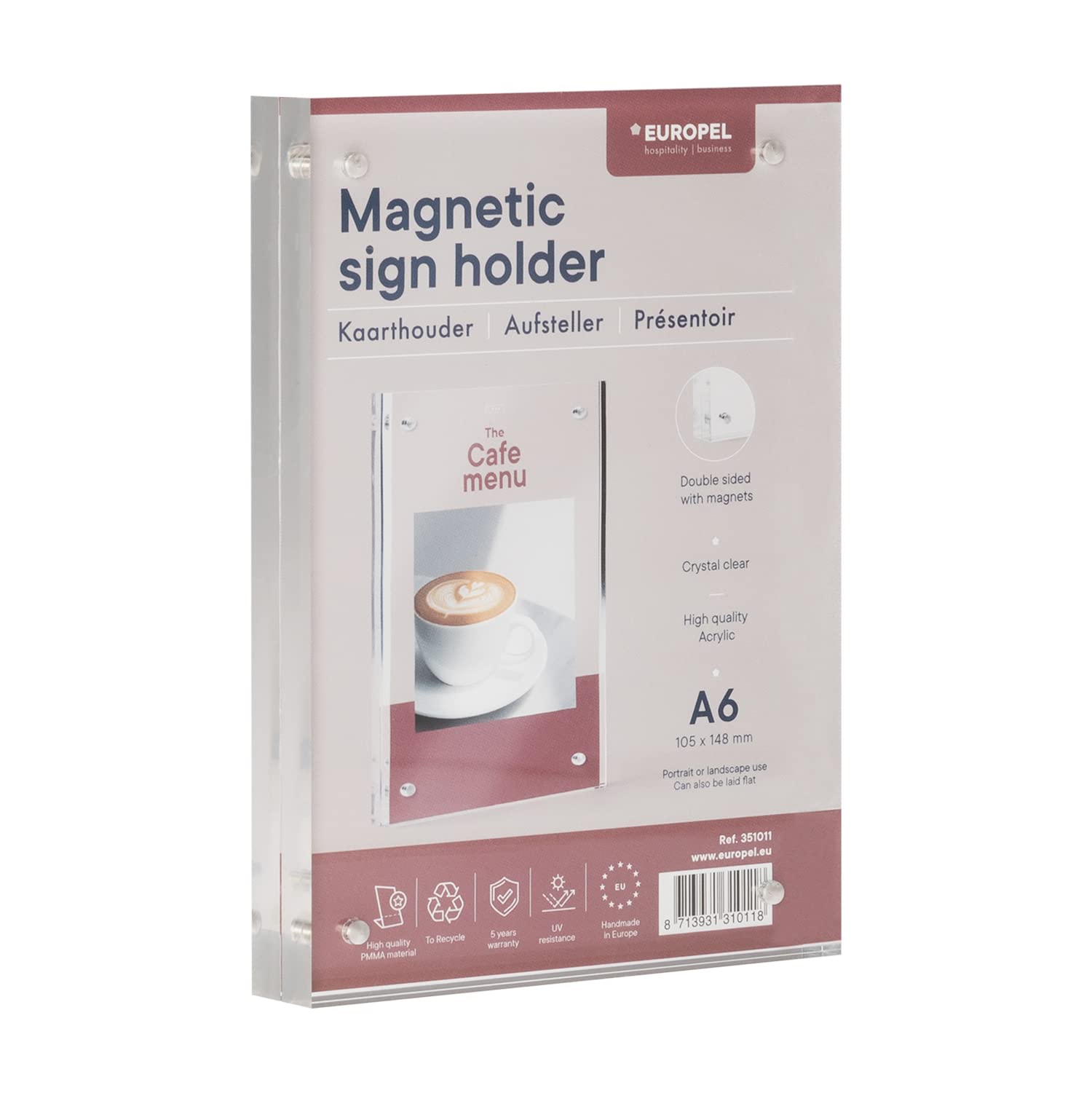 Europel Magnetic Sign Holder A6, Portrait or Landscape, Acrylic, 2x10mm, Menu&Leaflet Display Holder for Restaurants, Hotels, Conference & Reception, Free Standing&Double Sided — image 1