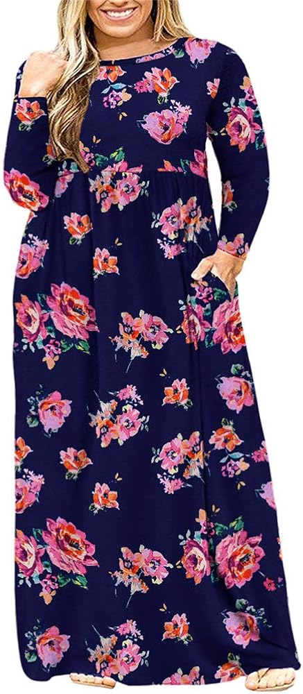 BISHUIGE Womens L-6XL Long Sleeve Casual Plus Size Maxi Dresses with Pockets at  Women’s Clothing store
