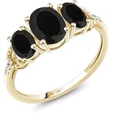 Gem Stone King 1.52 Cttw 10K Yellow Gold Oval Black Onyx and Diamond Accent 3-Stone Engagement Ring | 3 Stone Wedding Anniversary Promise Ring For Women | Size 5,6,7,8,9