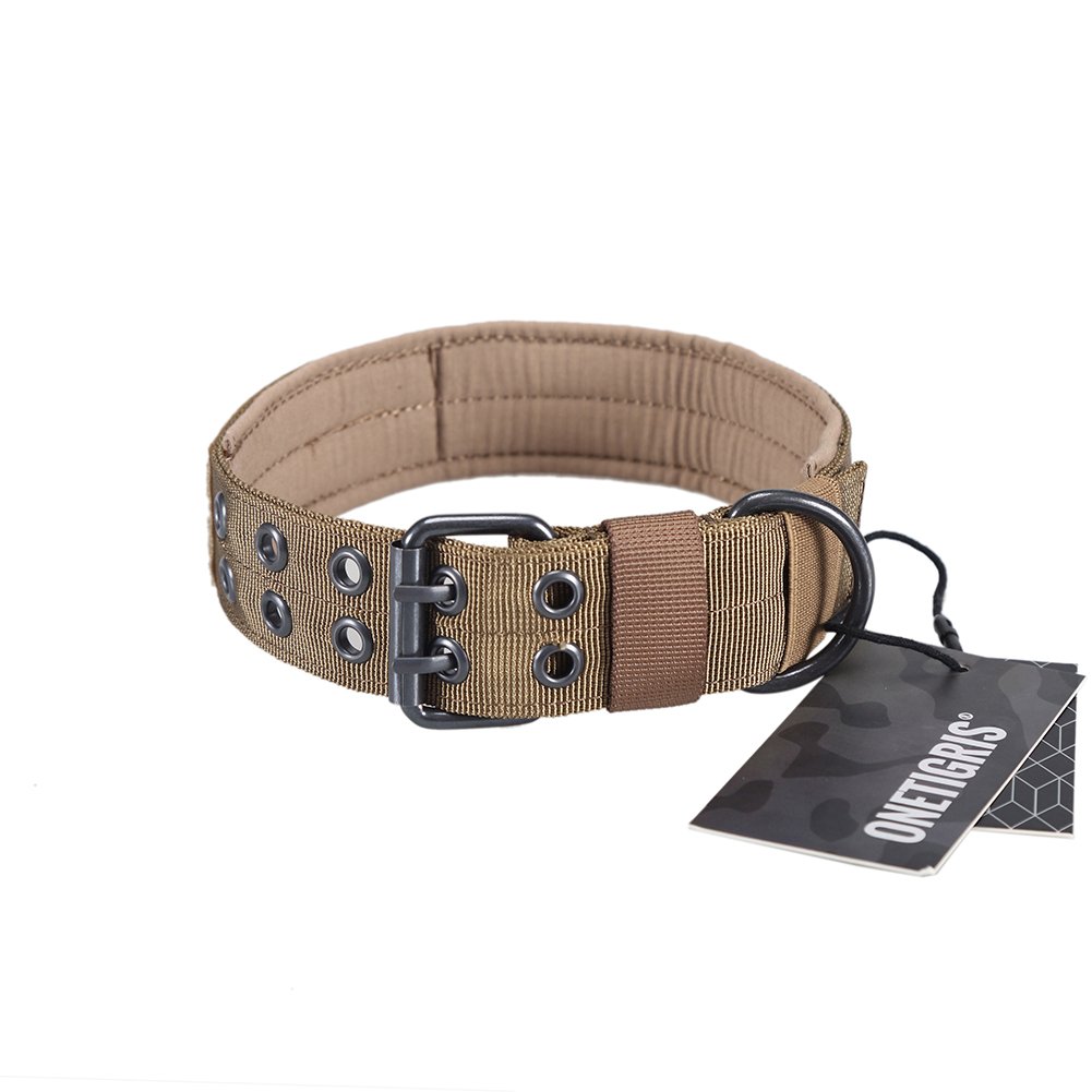OneTigris Military Adjustable Dog Collar with Metal D Ring & Buckle 2 Sizes (L, Coyote Brown)