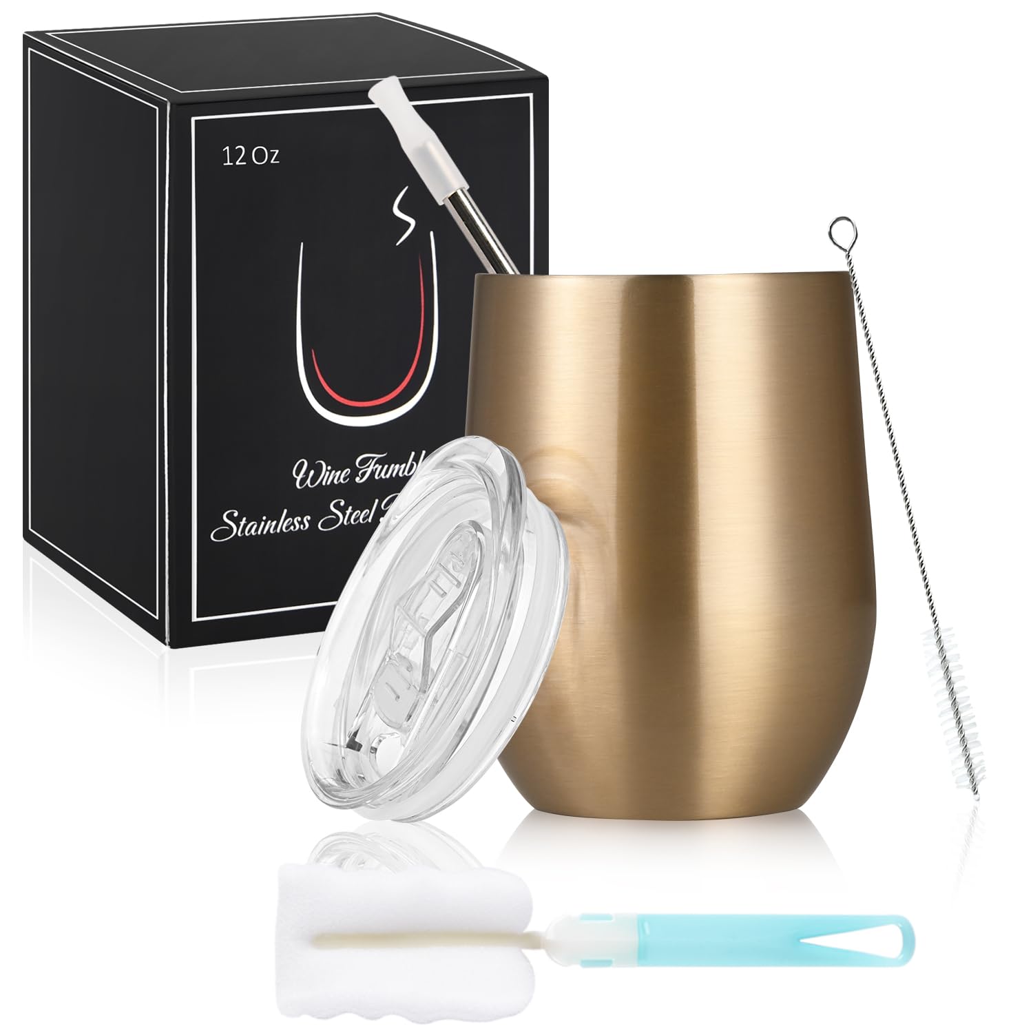 Joymaking 12oz Insulated Stainless Steel Wine Tumbler with Lid and Straw, Double Walled Wine Glass Tumbler Gift for Women, Great for Hot & Cold Drinks -Wine, Champagne, Coffee, Ice Cream, Gold