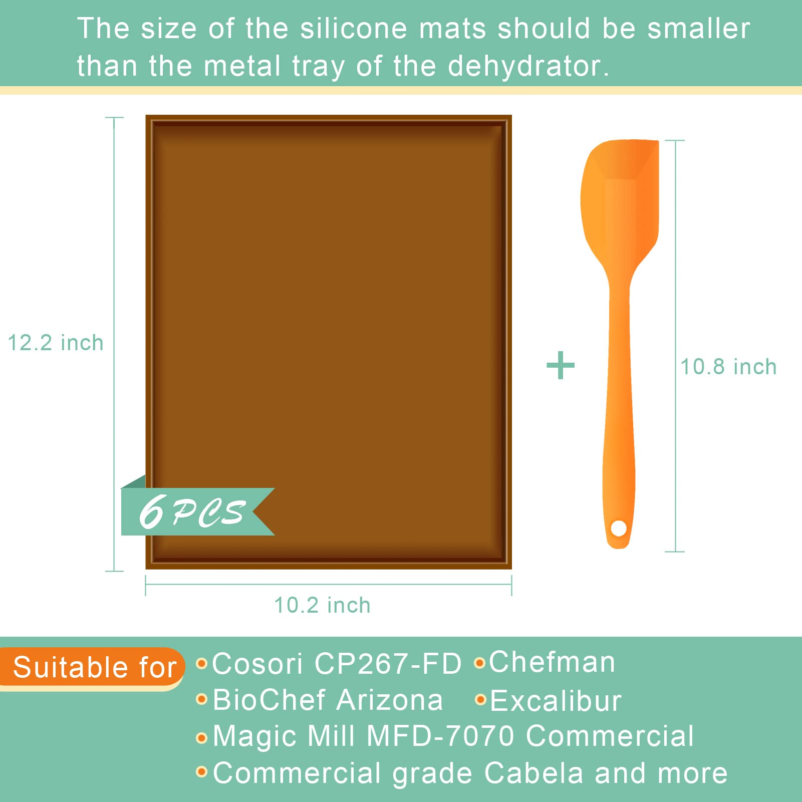 6PCS Silicone Dehydrator Sheets - Nonstick fruit leather trays for dehydrator with Silicone Scraper Compatible with Cosori CP267-FD High Temperature Resistance Reusable for Fruits Meat Herbs (Brown)