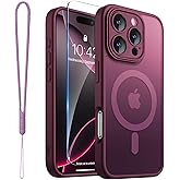 for iPhone 16 Pro-Max Case Matte Clear Compatible with Magsafe, Screen Protector, Wrist Strap, Full Camera Lens Protection, Translucent Magnetic Slim Protective Phone Cover, 6.9-Inch, Wine-Red