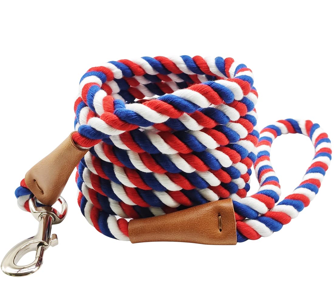 BTINESFUL 10 Foot Braided Rope Leash, Strong Comfortable Dog Leash Twisting Dog Traction for Large Medium Dogs Sniffing, Exploring, Walking (1/2" x 10ft, red/White/Blue)