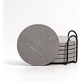 Lasungreen Marble Coasters Set with Metal Holder, Round Gray Stone Drink Coasters, 4 Inch Diameter, 0.4 Inch Thick, 6 Pack Coasters for Decorative and Protective Tabletop(Concrete Grey)