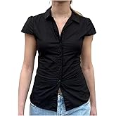 Women Y2k Short Sleeve Button Down Shirts Casual V Neck Button Up Top Vintage Slim Fit Collared Going Out Blouse