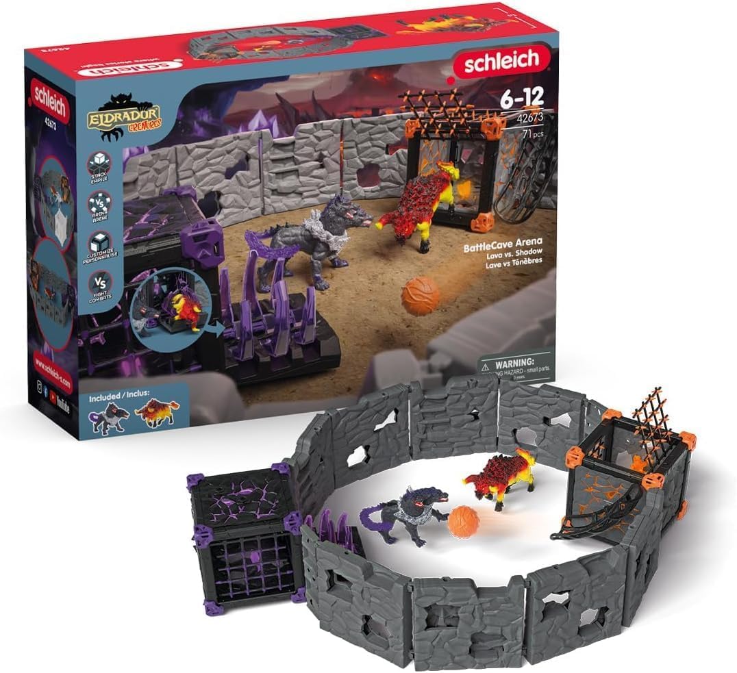 Schleich Eldrador Creatures - 71 PC BattleCave Arena Lava Vs. Shadow Playset - Interactive Lava Bull and Shadow Hound Set - Animal Monster Figurines for Boys and Girls - Toys for Kids Ages 7+ | 42673