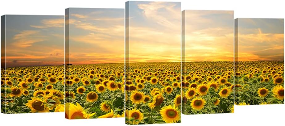 Paintings - Wieco Art Sunflowers Canvas Prints Wall Art Landscape Pictures Paintings Ready to Hang for Living Room Bedroom Home Office Decorations Modern 5 Panels Stretched and Framed Yellow Flower
