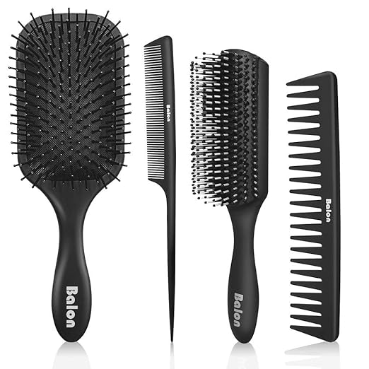 4Pcs Paddle Hair Brush, Detangling Brush and Hair Comb Set for Men and Women, Great On Wet or Dry Hair, No More Tangle Hairbrush for Long Thick Thin Curly Natural Hair (Black) best hairbrushes