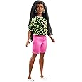 Barbie Fashionistas Doll #144 with Long Brunette Braids Wearing Neon Green Animal-Print Top, Pink Shorts, White Sandals & Ear