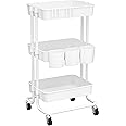 CAXXA 3-Tier Rolling Storage Organizer with 3 Small Baskets - Mobile Utility Cart with Caster Wheels (White)
