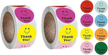 Amazon Thank You ハッピーフェイス 円形 ステッカー シール 可愛い ８色 2ロール 1000枚 剥がしやすい 直径25mm 1インチサークル ラベル プレゼント シール 贈り物 デコレーション用 のし紙 文房具 オフィス用品