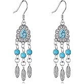 Feathers Dangle Earrings 925 Sterling Silver Turquoise Teardrop Earrings with Feather Vintage Leaf Hook Earrings Boho Western Style Jewelry Gifts for Women Wife Mom Her