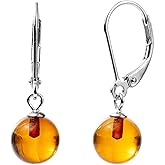 Baltic Round Amber Sterling Silver French Hook Drop Earrings for Women