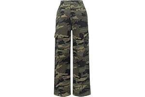 OYOANGLE Girl's Camo Print Cargo Pants Flap Pocket Mid Waist Wide Leg Casual Jeans