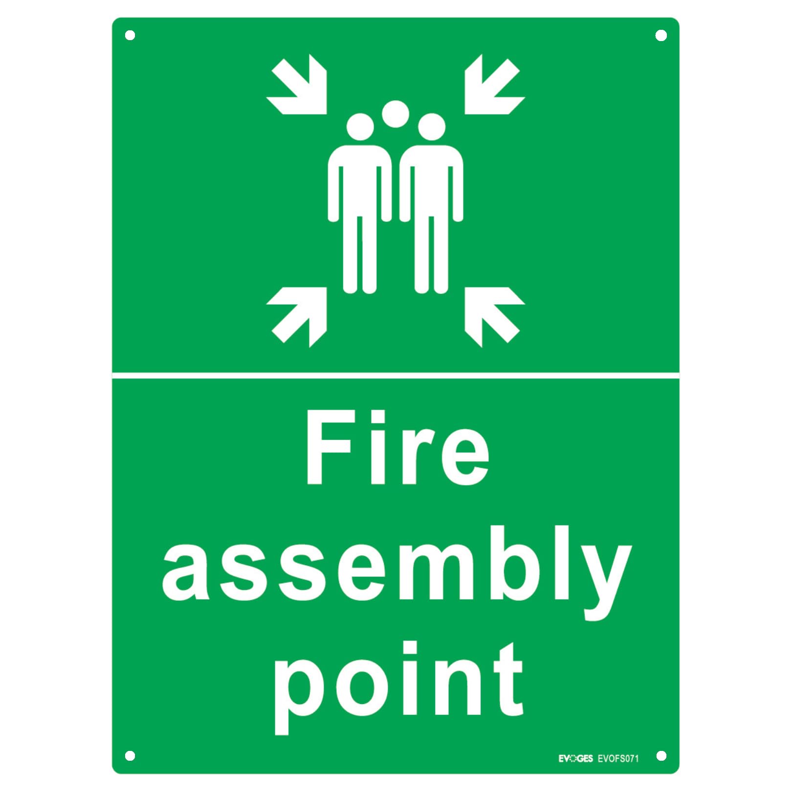 Evoges Fire Assembly Point Sign 400 x 300 x 1mm Rigid Plastic PVC With 4 Pre-Drilled Holes