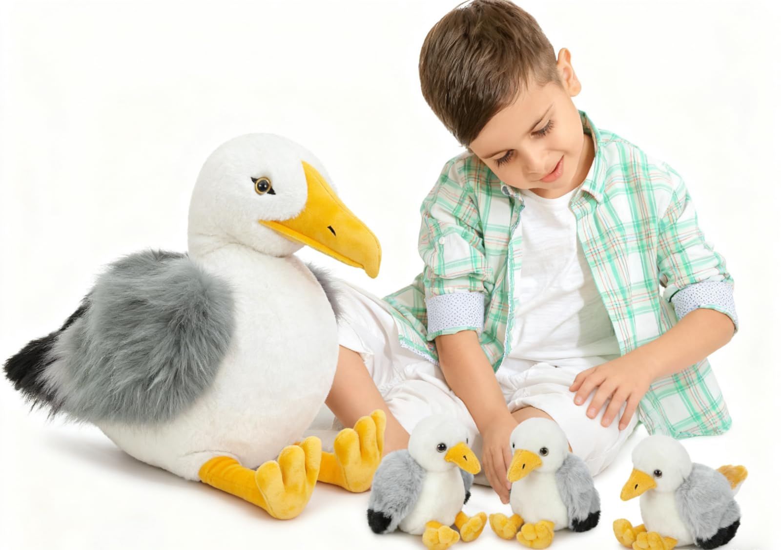 MaoGoLan 4Pcs Big Seagull Stuffed Animal with Babies Inside,17.7" Mama Seagull Plush with Three Adorable Baby Seagull Plushies for Small Hand,Beach Plush Lover Gift for Kids,Boys,Girls Image