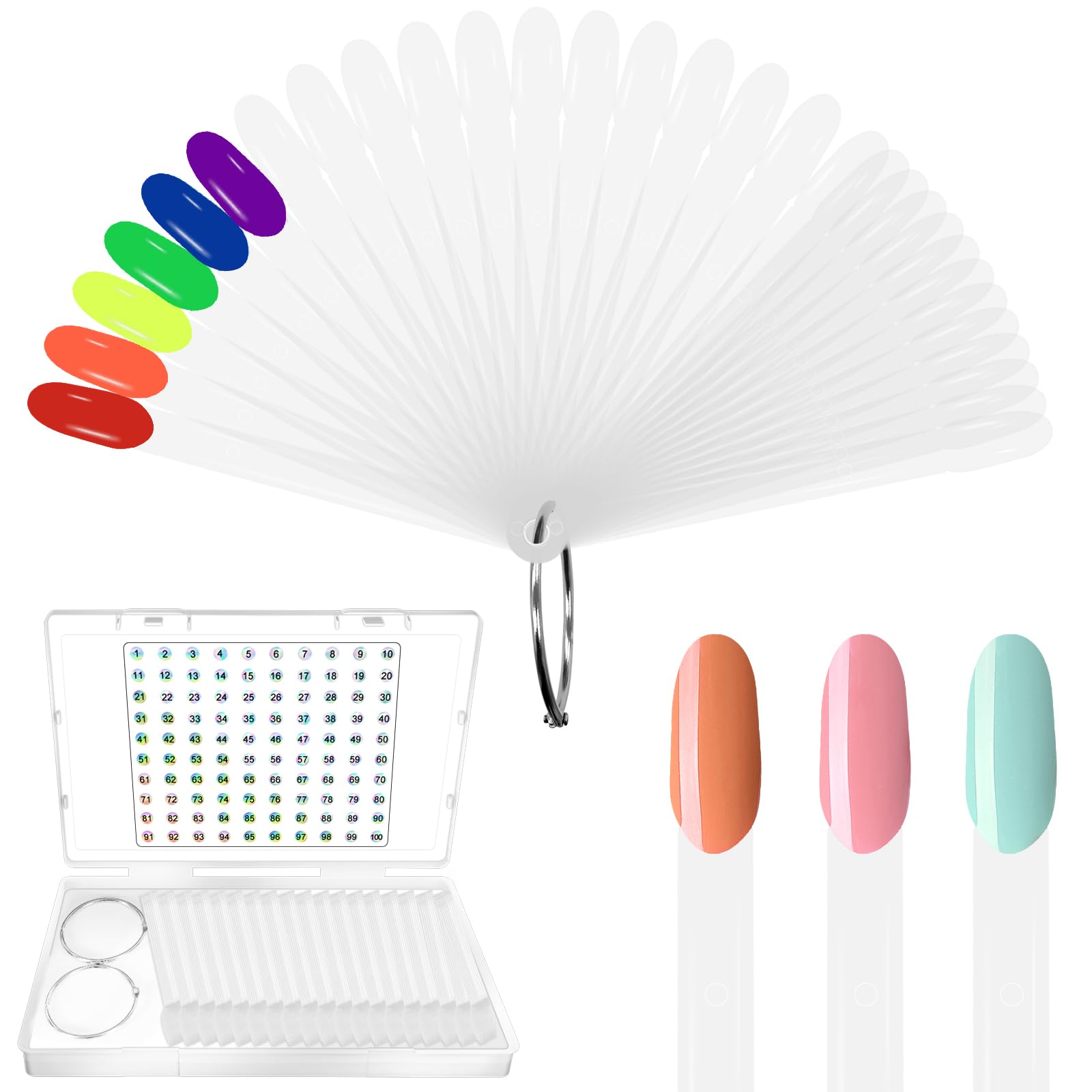 Photo 1 of Laza 100 Pcs Clear Nail Swatch Sticks Box-packed with Ring and Numbered Stickers Nail Art Polish Color Display Practice Tips Transparent Sample Sticks Tester Nails Supplie for Nail Techs - Oval