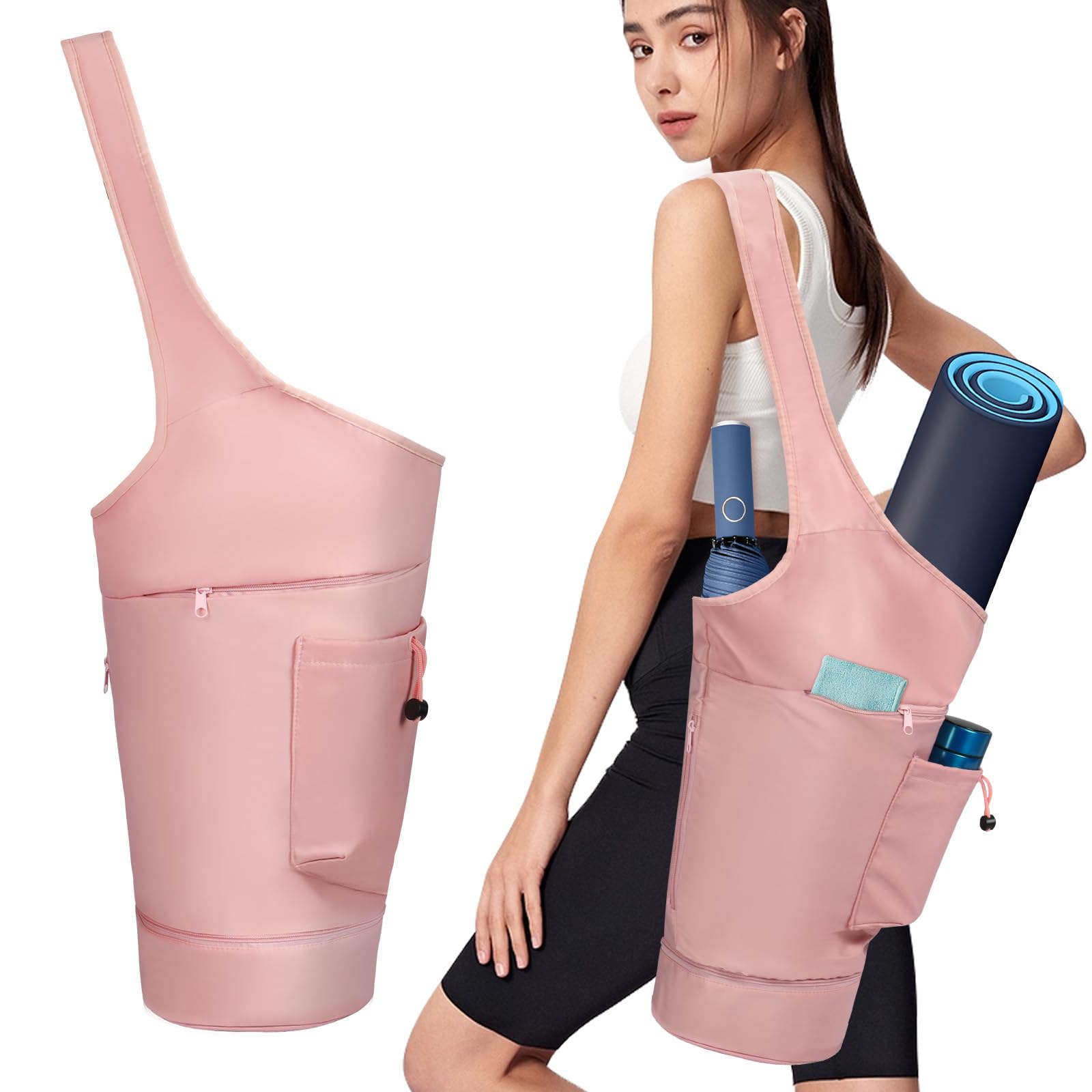 Aucuu Large Waterproof Yoga Mat Bag with Bottle Pocket and Wet Compartment, Portable Yoga Mat Carry Bag with Large Size Pocket, with Adjustable Strap for Women & Men, Pink