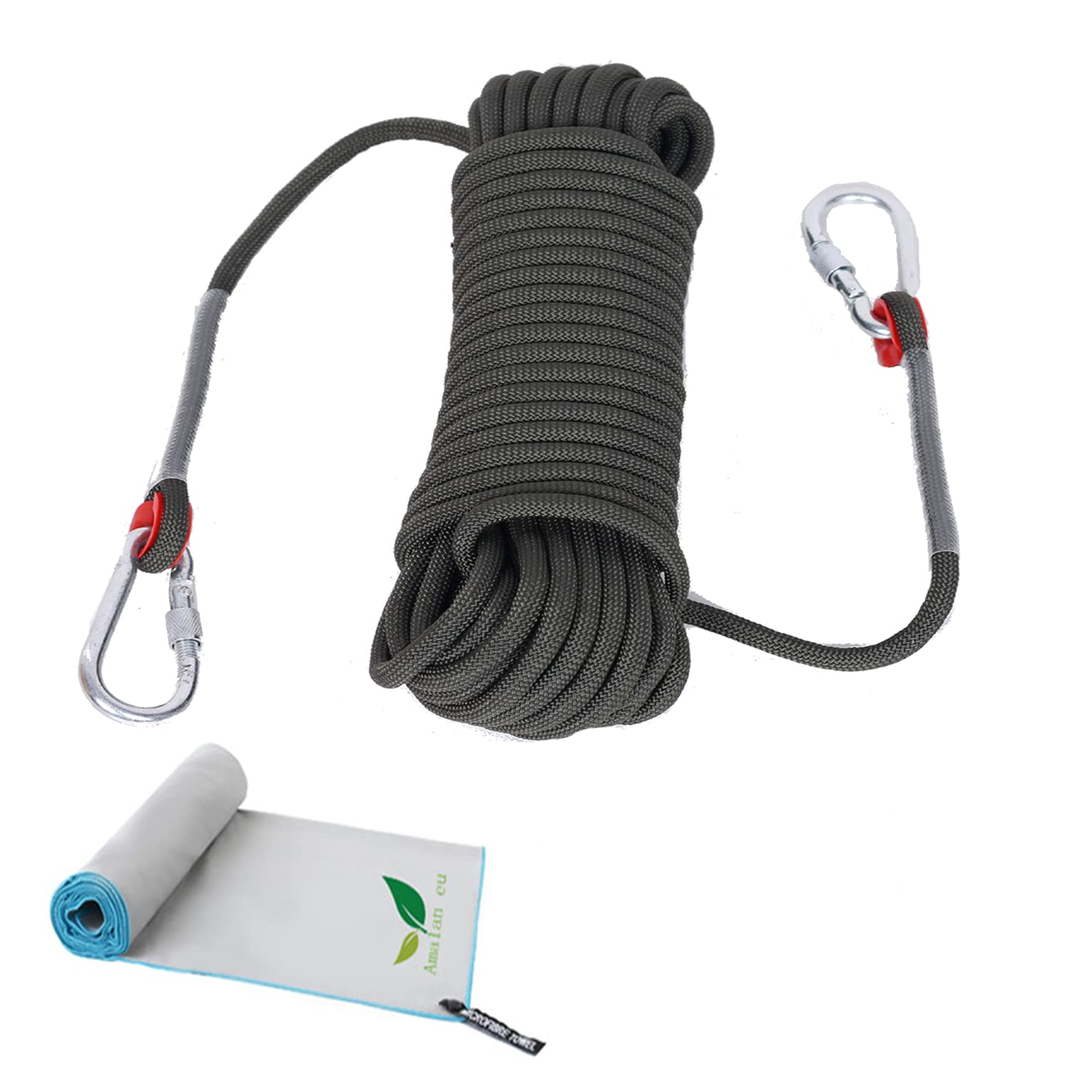 Amalan Multi-use Outdoor Polyester Rope (Diameter 10.5mm, Max Load 1200kgs, Magnetic), Buckle 2 Carabiner, For Camping, Hiking, Caving, Rescue, Tree Climbing, W/ Microfibre Towel