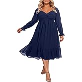Talisea Plus Size Dresses Sweetheart Neckline Long Sleeves Chiffon Party Cocktail A Line Curvy Womens Midi Dress