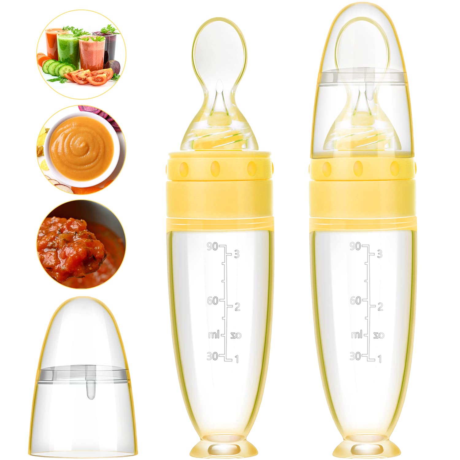 Photo 1 of 2 Pieces Silicone Baby Spoons Baby Feeding Spoon with Standing Base for Infant 0-24 Months Dispensing and Feeding (Yellow)