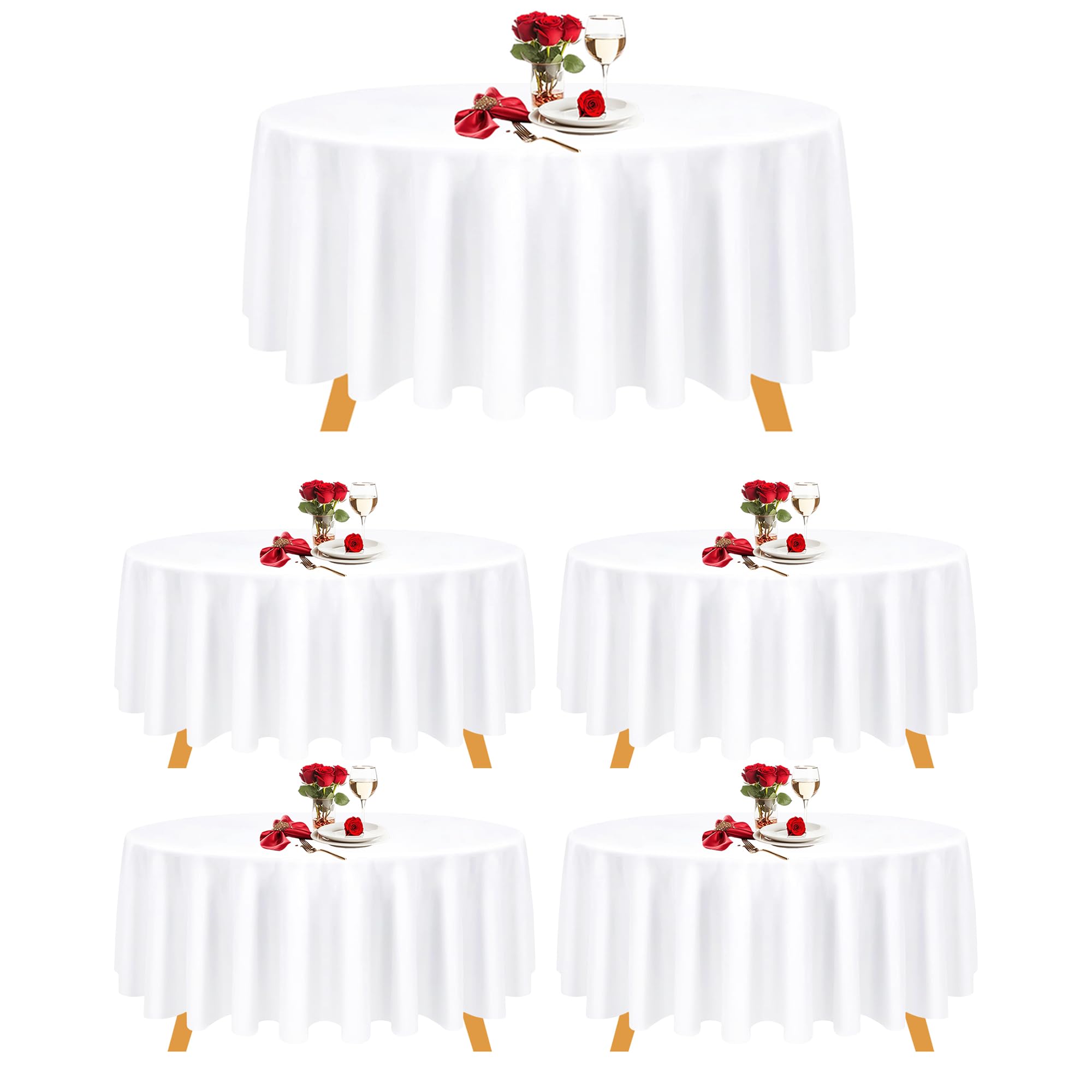 Trimming Shop Round Table Cloth, 228cm Diameter, Polyester Tablecloth 90 Inch Stain and Wrinkle Resistant Washable Table Cover for Kitchen Dinning Party, Wedding Banquet Decoration, White, 5pcs