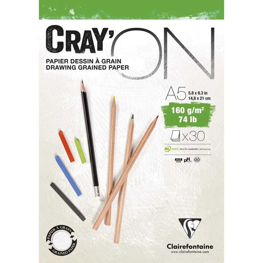Clairefontaine - Ref 975026C - Cray'On White Glued Sketch Pad (50 Sheets) - A5 (14.8 x 21cm) Size, 160gsm 100% Cellulose Paper, Grained One Size & Smooth Other Side