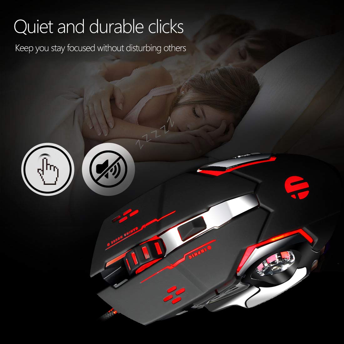 Gaming Mouse Mute Silent Click,Inphic USB Wired Optical Gaming Mice with LED Optical, 4 DPI Adjustment Levels, 6 Buttons for Laptop, PC, Mac (Metallic Black)