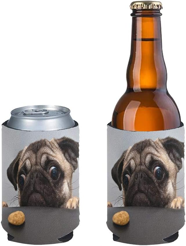 JoyLamoria Set of 2 Pack Pug and Cookie Print Beer Can Sleeves for Beer,Iced Coffee Energy Drink Protector Slim Beer Can Cooler,Long