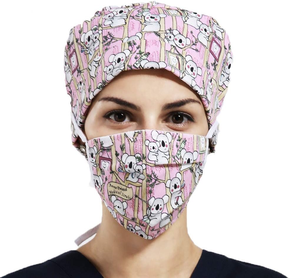 Cute Printed Scrub Caps Sets with Sweatband Surgical Hats Sets Doctor Nurse Working Hats Uniform Cap for Women Men